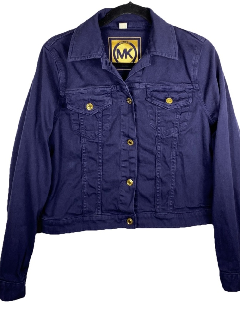 Michael Kors Denim Jacket Womens M Blue Stretch Trucker Gold Buttons Cotton - Picture 2 of 16